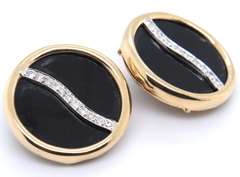 Fabulous Yellow Gold Black Onyx and Diamond Swirl Earrings