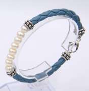 Set of Sky Blue Leather and Pearl Bracelet with Matching Necklace