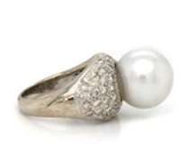Traditional White Gold South Sea Pearl and Pave Diamond Ring