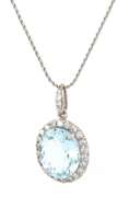 Lovely White Gold oval Aquamarine and Diamond Frame Pendant on Chain