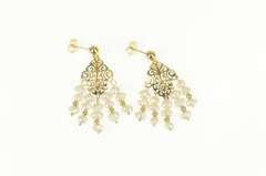 14K Yellow Gold Ornate Scroll Filigree Pearl Fringe Dangle Earrings