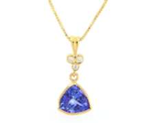 Attractive Yellow Gold Trillion Cuut Tanzanite and Diamond Pendant on Chain