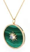 Fabulous Yellow Gold Moonstone Diamond and Malachite Disc Pendant on Chain