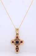 Graceful Yellow Gold Ruby and Sapphire Puffed Cross Pendant on Chain