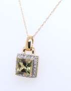 Fantastic Yellow Gold Square Lemon Quartz and Diamond Pendant on Chain