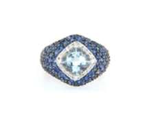 Elegant White Gold Cushion Aquamarine, Sapphire and Diamond Ring