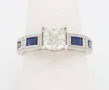Carved 14k White Gold Diamond and Sapphire Ring