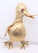 Strong Yellow Gold Ruby Duck Brooch