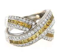 Modern White Gold Princess Yellow Sapphire and Diamond X Ring
