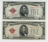 2 Crisp Uncirculated 1928 Series $5 Red Seal Notes