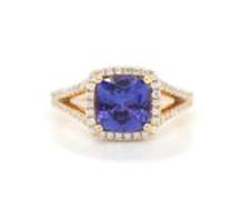 Traditional Yellow Gold Cushion Tanzanite and Diamond Ring