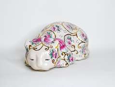 Vintage Chinoiserie Hand Painted Ceramic Cat Decorative Figures With Floral Pattern