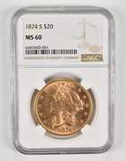MS60 1874-S $20 Liberty Head Gold Double Eagle - Graded NGC