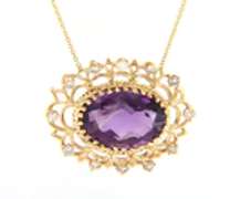 Dreamy Yellow Gold oval Amethyst and Diamond Pendant on Necklace