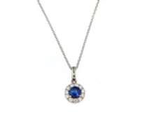 Charming White Gold Blue Sapphire and Diamond Pendant on Chain