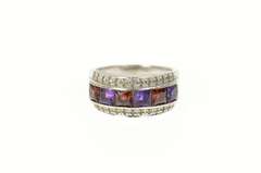 14K White Gold Garnet Amethyst Diamond Statement Band Ring