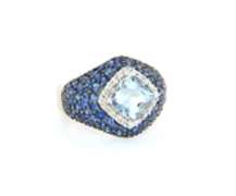 Elegant White Gold Cushion Aquamarine, Sapphire and Diamond Ring
