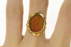 14K Yellow Gold Carved Arabic Elaborate Carnelian Oval Statement Ring