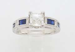 Carved 14k White Gold Diamond and Sapphire Ring