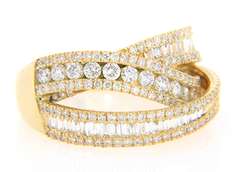 Dramatic Yellow Gold Round and Baguette Diamond Crossover Ring