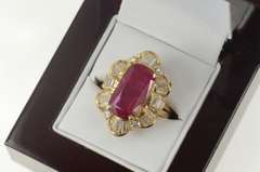 14K Yellow Gold 11.28 Ctw Natural Ruby Ballerina Diamond Halo Ring