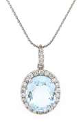 Lovely White Gold oval Aquamarine and Diamond Frame Pendant on Chain