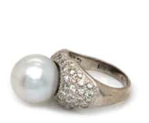 Traditional White Gold South Sea Pearl and Pave Diamond Ring
