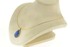 14K Yellow Gold Pear Blue Druzy Quartz Woven Tube Chain Necklace