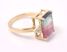 Stunning Watermellon Tourmaline & Dia Ring, 18kt