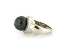 Fantastic White Gold Black Tahitian Pearl and Diamond Swirl Ring