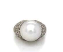 Traditional White Gold South Sea Pearl and Pave Diamond Ring
