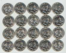 Choice BU Roll of 20 1963 Franklin Half Dollars. Flashy-white