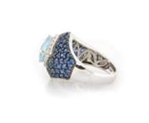 Elegant White Gold Cushion Aquamarine, Sapphire and Diamond Ring