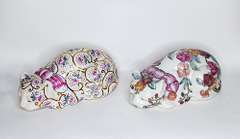 Vintage Chinoiserie Hand Painted Ceramic Cat Decorative Figures With Floral Pattern