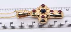 Graceful Yellow Gold Ruby and Sapphire Puffed Cross Pendant on Chain
