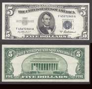 $5 1953-A Silver Certificate Blue Seal and Serial Numbers lightly circulated