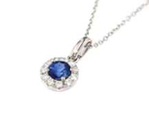 Charming White Gold Blue Sapphire and Diamond Pendant on Chain
