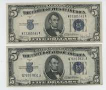 2 Crisp Uncirculated 1934 Series $5 Blue Seal Silver Certs