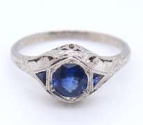 Antique Platinum Synthetic and Natural Sapphire Engraved Ring