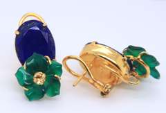 Gold Plated Signed Green Chalk and Lapis Earrings
