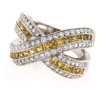 Modern White Gold Princess Yellow Sapphire and Diamond X Ring