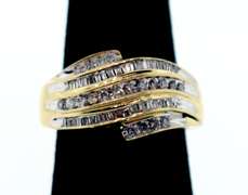 Contemporary 10k Gold Quintuple Channel Set Diamond Ring with Round and Baguette Diamonds