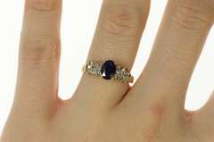 10K Yellow Gold Oval Classic Sapphire Diamond Cluster Accent Ring