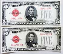 (2) Superb Crisp 1928E $5 Red Seal Notes-Consecutive!