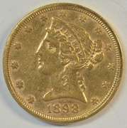 Lustrous 1898 US $5 Liberty Gold Piece in AU