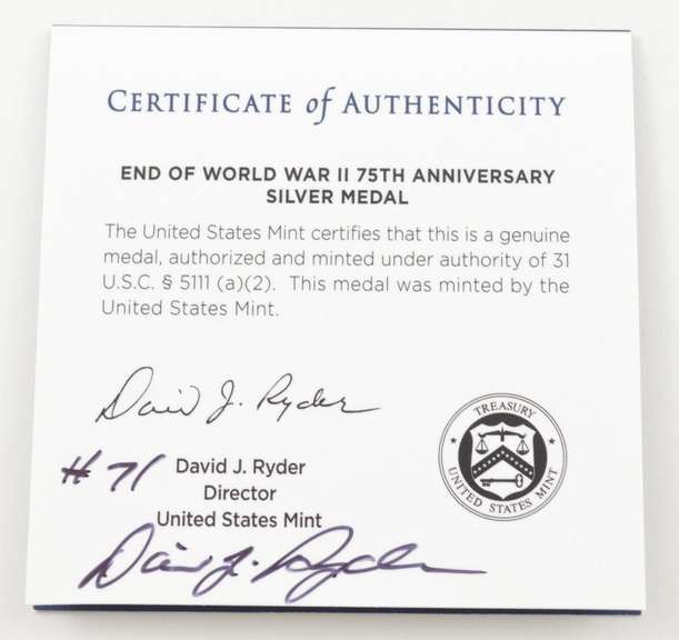 2020 End World War II 75th Anniv Silver Medal Ryder Signed COA NO COIN