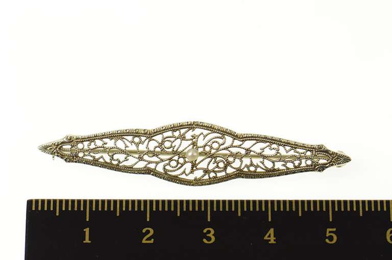 14K White Gold Art Deco Pearl Ornate Filigree Bar Pin/Brooch