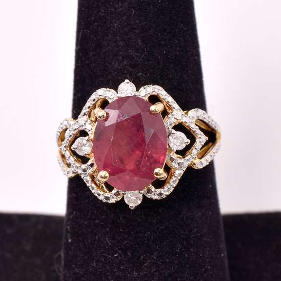 Radiant 4.72CTS Ruby and 0.17CTW Diamond Ring in Gold Plated Sterling Silver