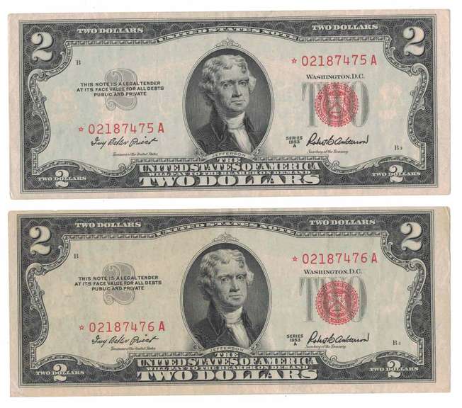 1953-A Red Seal $2 Bill lot of Two(2)