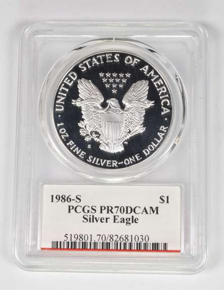 PR70DCAM 1986-S American Silver Eagle - Mercanti Signed - Graded PCGS